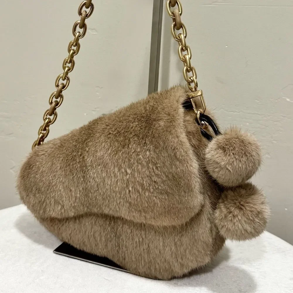 Natural Mink Fur Handmade Asymmetric Saddle Bag/Crossbody & 2 Mink Fur Charm - Picture 5 of 16